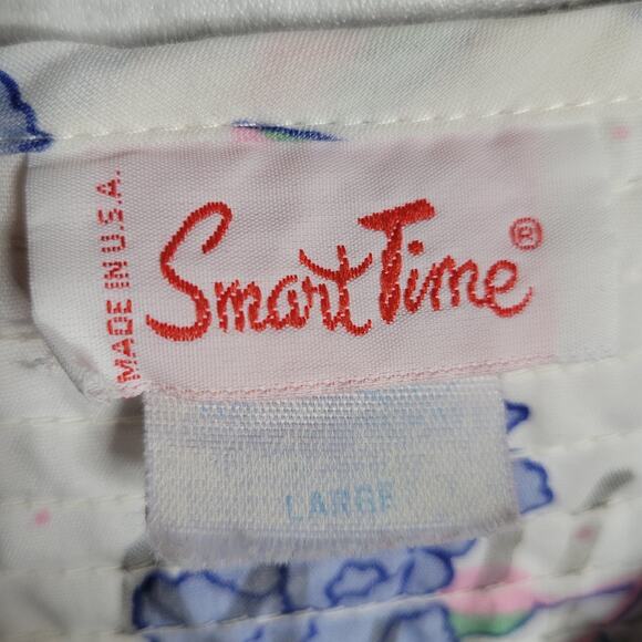 Vintage White & Blue Floral Print House Dress by Smart Time, size Large - Picture 4 of 6
